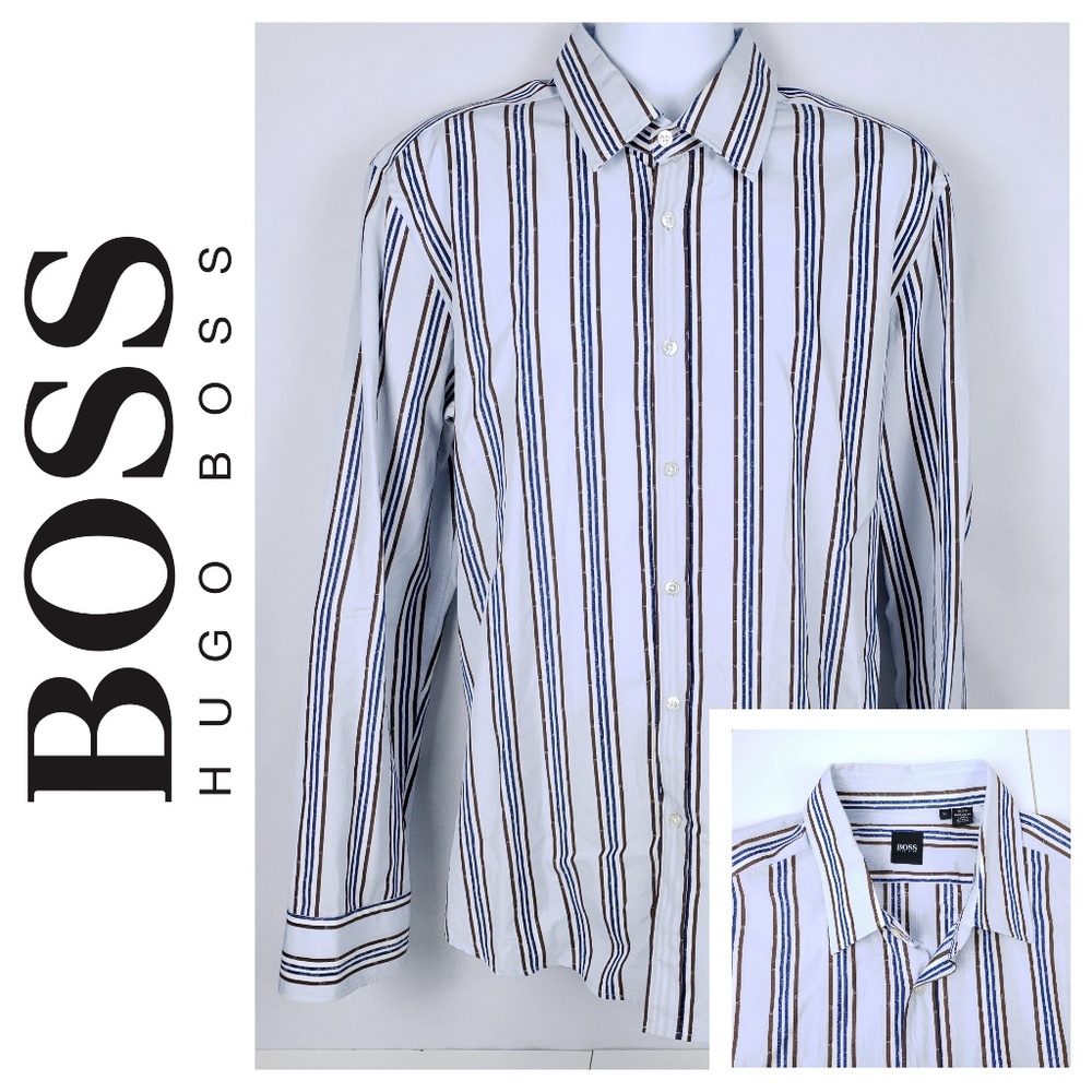 Hugo Boss XL Regular Fit Button Front Shirt Mens Blue Brown‎ Stripes Long Sleeve